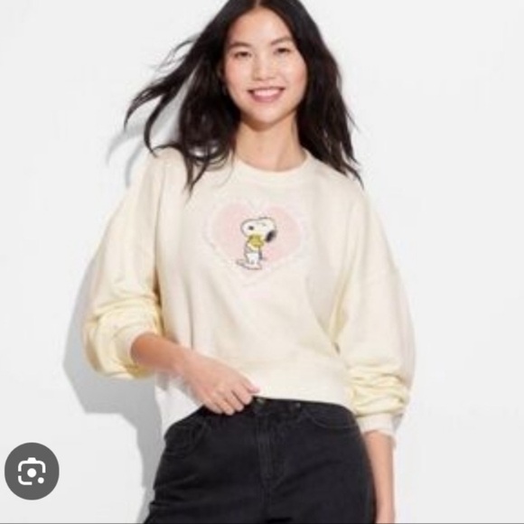 Peanuts Softest Off-White Snoopy Woodstock Heart Sweatshirt NWOT Oversized M - Picture 4 of 16